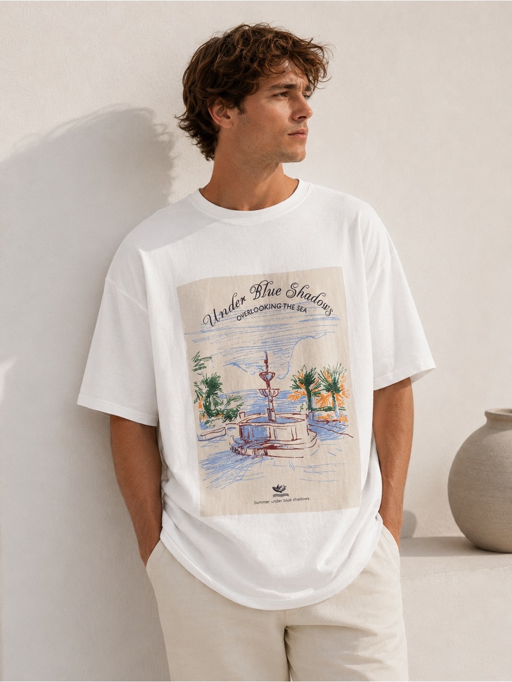 Denim & Flower White Graphic Short-Sleeve Tee with Coastal Print